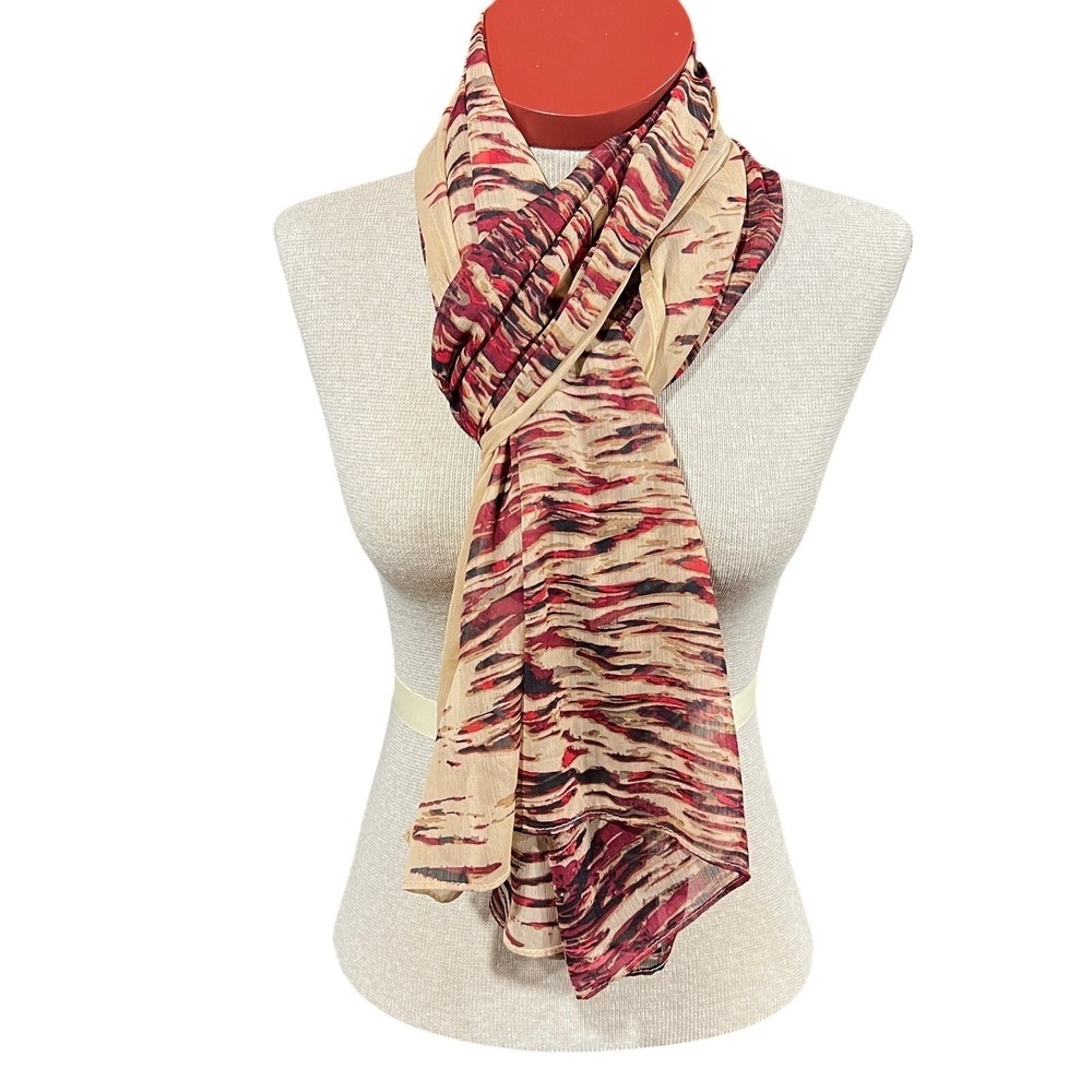 Dana Buchman Abstract Pattern Scarf Wrap Tan Red Taupe Black Large 25 x 72"